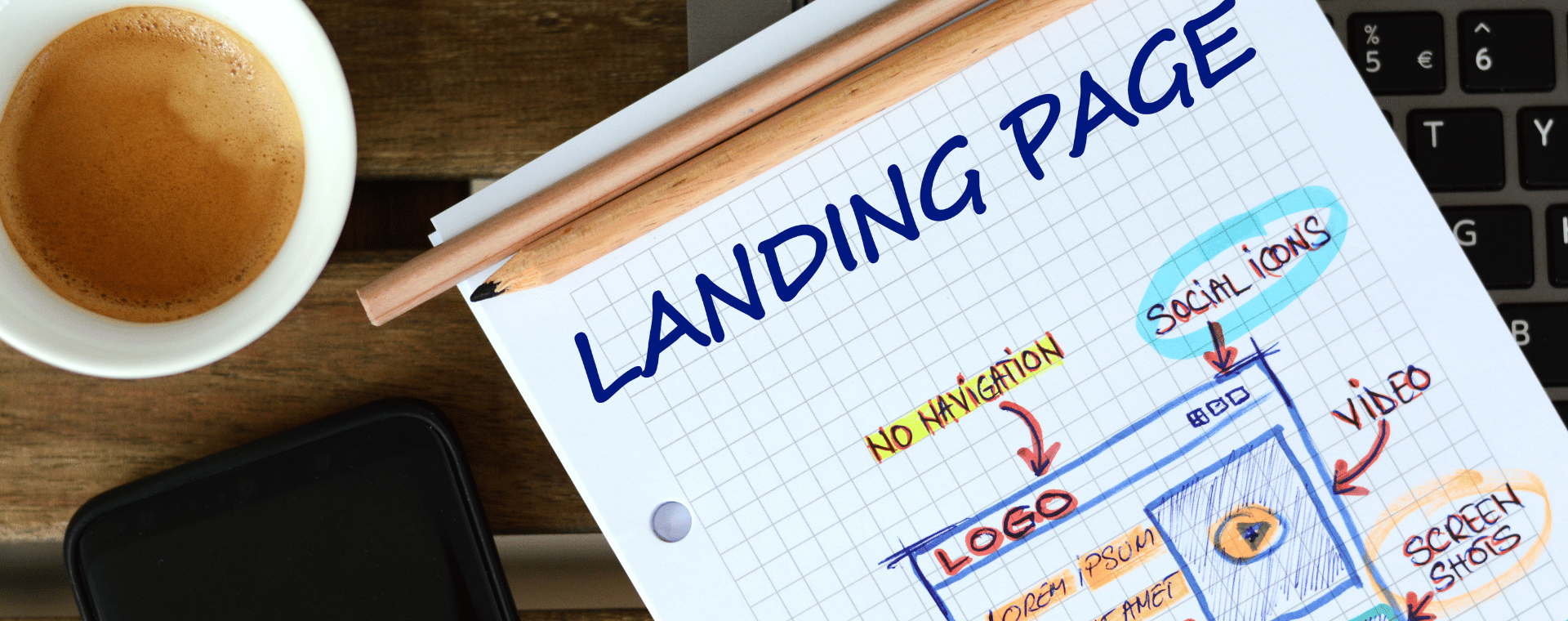 A notebook page titled "Landing Page," featuring a colorful hand-drawn website layout with sections for logo, video, social icons, and more, lies on a desk next to a cup of coffee, showcasing reasons why it's the perfect home page design. Nearby, there’s a pencil, smartphone, and laptop keyboard.