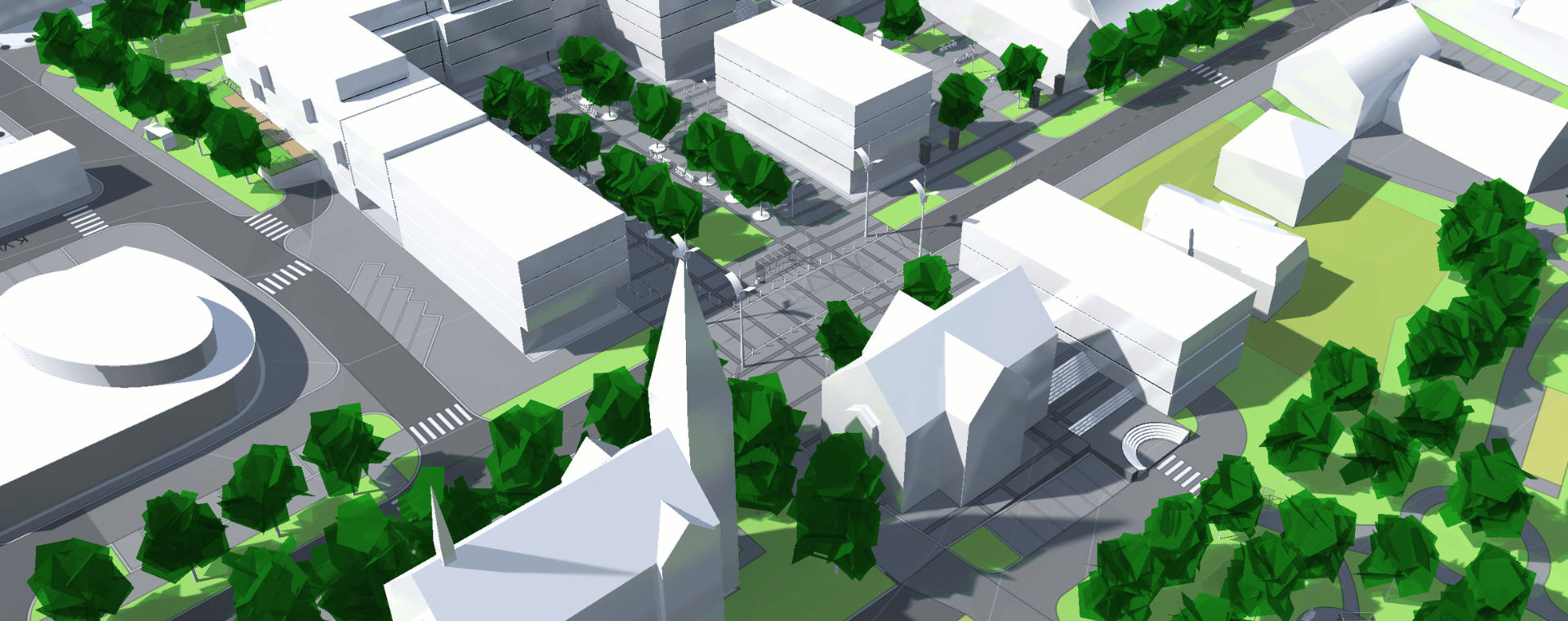 A computer-generated aerial view of a modern urban layout featuring white buildings, green spaces with trees, roads with crosswalks, and various geometric architectural structures. This animation emphasizes organization and greenery integration within the cityscape, perfect for a promotional video.