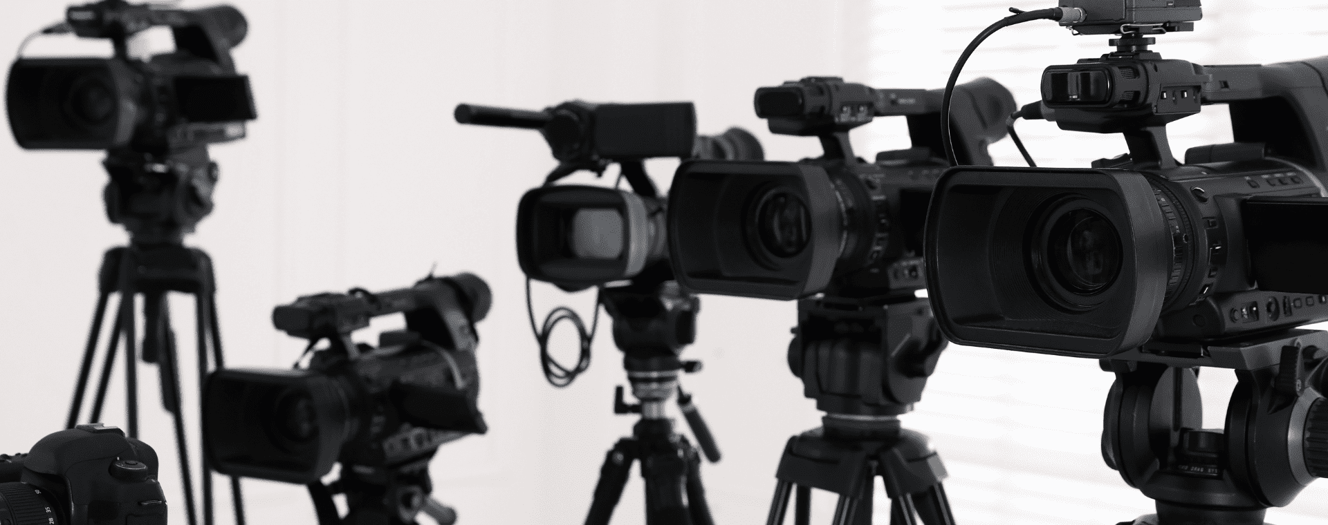 A black and white image showing several professional cameras of different sizes and models on tripods, arranged closely together, pointing in various directions. The background is a plain, softly lit white wall.