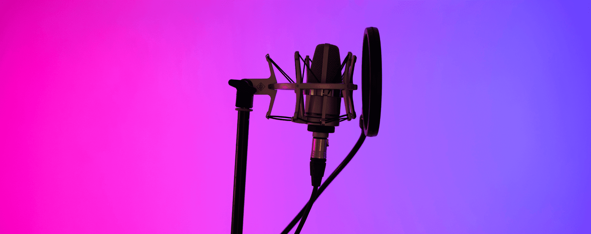 A microphone is mounted on a stand with a pop filter in front of it, set against a vibrant background that transitions from pink on the left to blue on the right. The image exudes a modern, professional recording studio vibe, perfect for use with 4K professional cameras.