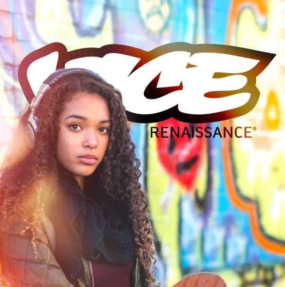 VICE logo with a colourful graffitied wall and a woman in the foreground