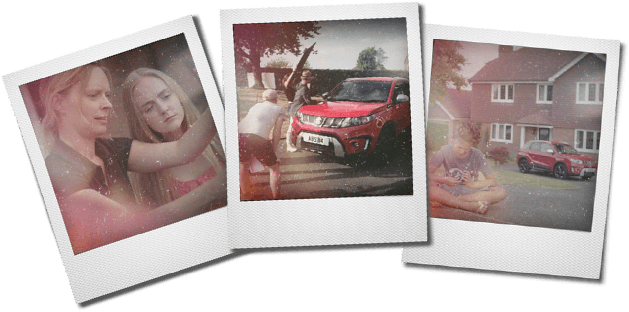 Three side-by-side Polaroid photos. The first shows two women taking a selfie. The second photo depicts a man washing a red car. The third image, reminiscent of video production scenes, shows a young boy sitting on grass, using a tablet, with houses and the same red car in the background.