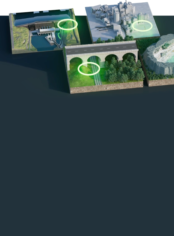 A 3D illustration shows four interconnected platforms with various industrial and environmental elements. The platforms feature a dam and hydroelectric power plant, factory buildings, an arched bridge with a green field, and a mountainous area with infrastructure—a perfect scene for showcasing video production services.