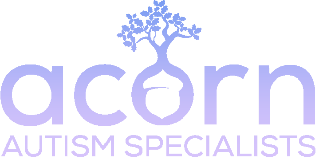 Logo of "Acorn Autism Specialists" featuring the word "acorn" in light blue lowercase letters with a tree icon representing the letter "o". Below, "AUTISM SPECIALISTS" is written in capital letters. The overall color scheme is light blue on a transparent background, incorporating elements that highlight autism support.