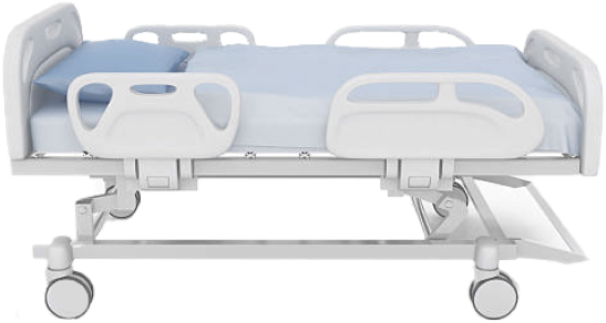 A white medical hospital bed with wheels and blue bedding is featured in the NHS promotional video. The bed has adjustable side rails and a headboard, which are raised, with a blue pillow placed on the mattress. Its design allows for height and position adjustments.