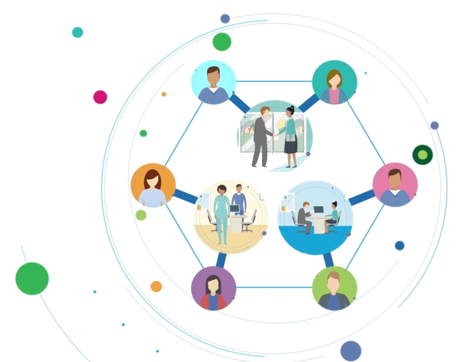 An Illustration Depicting A Network Of Diverse Professionals Connected By Lines. The Central Nodes Feature Scenes Of Business Interactions, Medical Personnel, And Office Environments. Surrounding Nodes Show Individual People. Vividly Colorful Dots Scatter Around The Network, Resembling An Animated Video Example. An illustration depicting a network of diverse professionals connected by lines. The central nodes feature scenes of business interactions, medical personnel, and office environments. Surrounding nodes show individual people. Vividly colorful dots scatter around the network, resembling an animated video example.