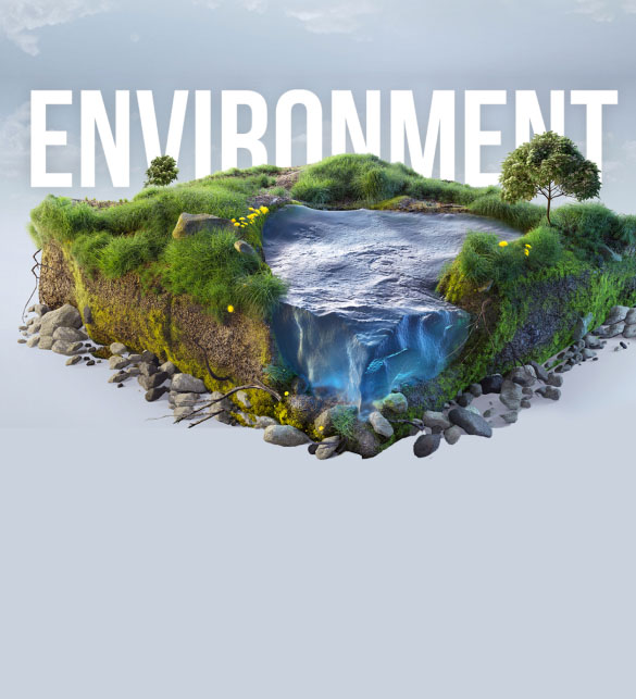 An isolated piece of green land with grass and a small waterfall is suspended in the air, surrounded by rocks and trees under a clear sky. "ENVIRONMENT" is prominently displayed at the top in large white letters, creating a captivating backdrop ideal for showcasing video production services.