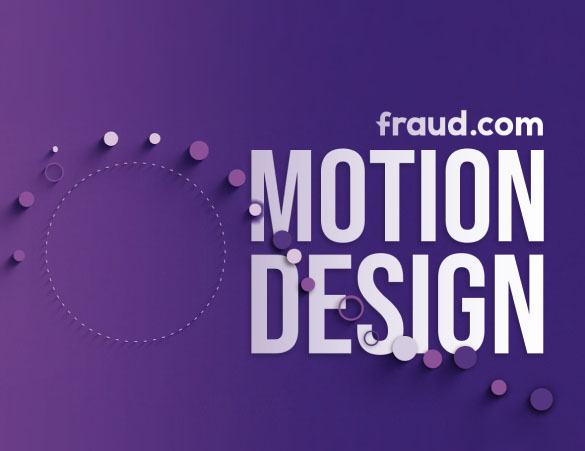 A purple-themed graphic with the text "fraud.com" in the upper right corner and "MOTION DESIGN SERVICES" prominently displayed in white capital letters. Several circles and dots in various shades of purple form a pattern around the text.