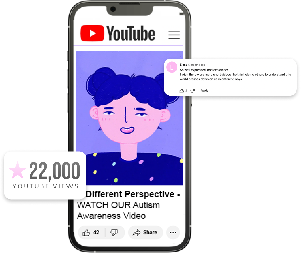 A smartphone displaying a YouTube video titled "Different Perspective - WATCH OUR Autism Awareness Video." The thumbnail shows a cartoon person with blue hair. Above, a comment says, "So well expressed, and explained!" Below, a view count of 22,000 is shown.