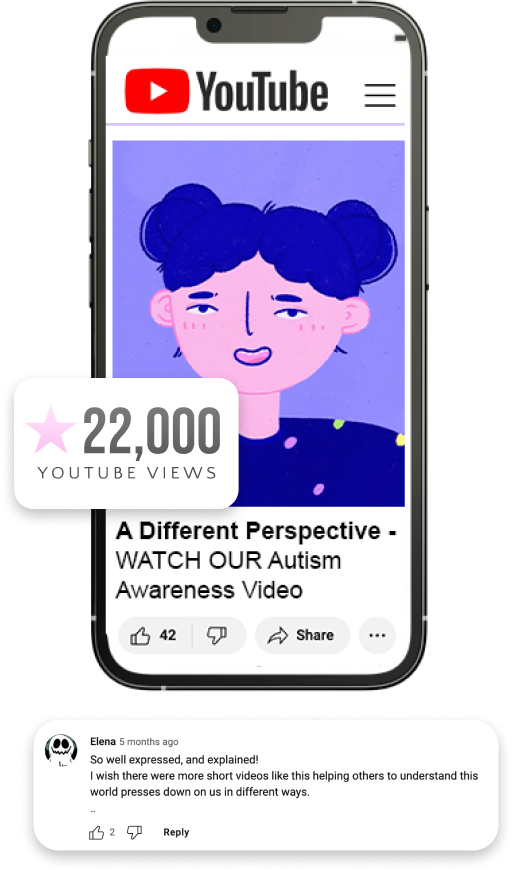 A smartphone screen displays a YouTube video titled "A Different Perspective - WATCH OUR Autism Awareness Video" with 22,000 views. An illustration of a person with blue hair appears in the thumbnail. Below, an acorn icon highlights a comment praising the video's explanation and impact.