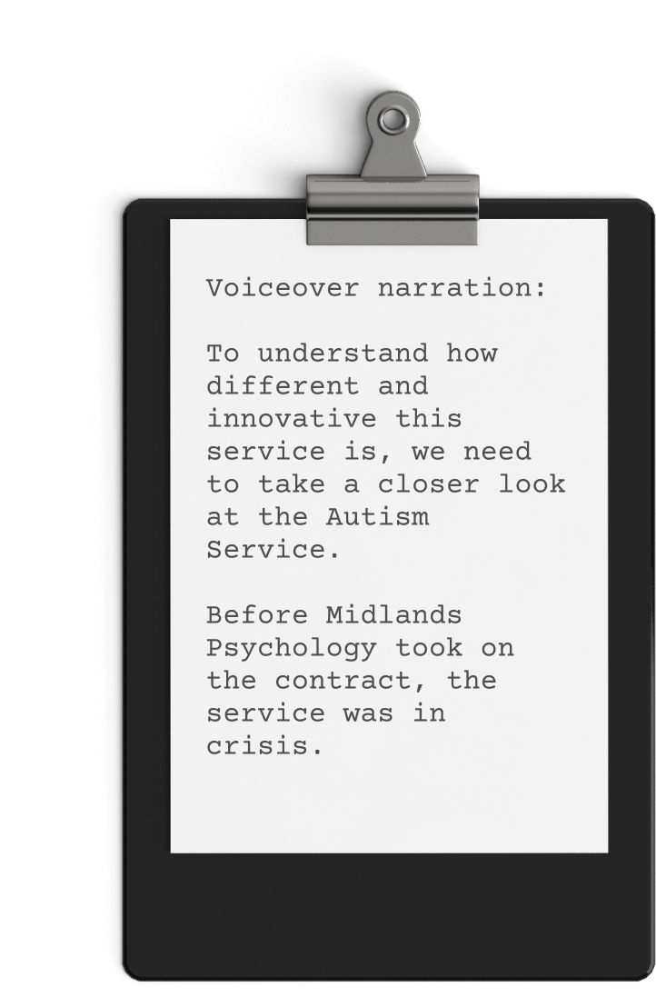A Clipboard Displaying Typed Text Reads: &Quot;Voiceover Narration: To Understand How Different And Innovative This Service Is, We Need To Take A Closer Look At The Autism Service. Before Midlands Psychology Took On The Contract, Illustrated With Hand Drawn Animation, The Service Was In Crisis. A clipboard displaying typed text reads: "Voiceover narration: To understand how different and innovative this service is, we need to take a closer look at the Autism service. Before Midlands Psychology took on the contract, illustrated with hand drawn animation, the service was in crisis.