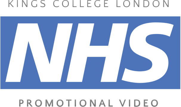 Logo text: "KINGS COLLEGE LONDON" at the top, a blue rectangle with large white letters "NHS" in the center, and the phrase "NHS Promotional Video" at the bottom.