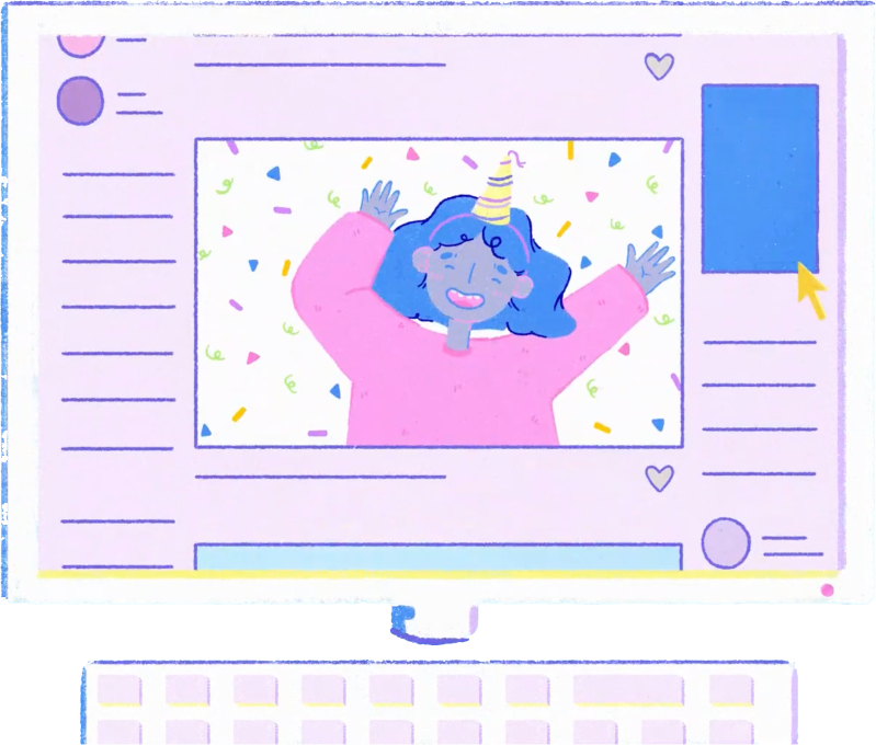 Illustration of a computer screen displaying a cheerful person wearing a birthday hat and raising their hands, surrounded by confetti. The interface shows various buttons, icons, and text boxes, suggesting an Acorn Autism celebratory online event or virtual party.