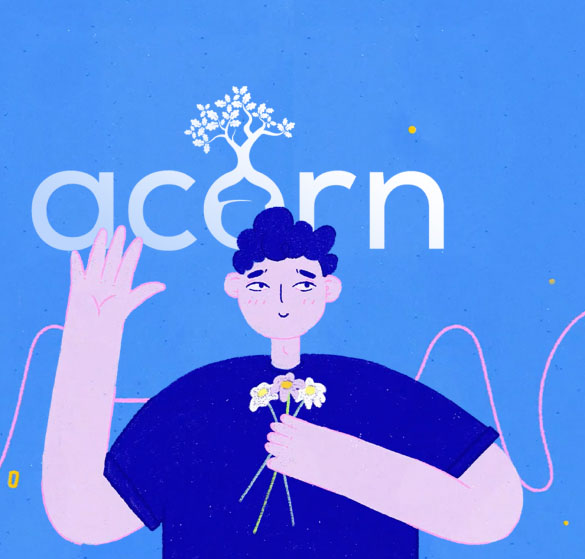 Illustration of a person with a pink skin tone, black hair, and wearing a dark blue shirt, holding a bouquet of flowers and waving with one hand. The word "acorn" appears in large letters behind the person, with a tree icon replacing the "o". The background is light blue with small yellow dots subtly symbolizing autism.