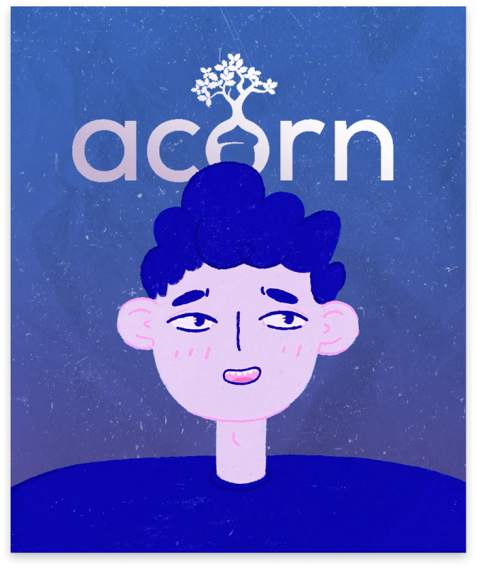 Illustration of a person with short blue curly hair, a light pink face, and a cheerful expression. The background features a gradient of blue tones, and above the person's head is the word "acorn" in white, with a tree graphic stylized into the letter "o". Perfect for an animated explainer video.