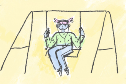 A simplistic, hand-drawn-style illustration of a person with pink hair tied in pigtails, sitting on a swing. The swing is attached to an acorn-shaped structure resembling the letter "A" with a light yellow background. The person wears a green top and blue pants.