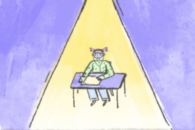 Illustration of a person with pigtails sitting at a desk under a spotlight, writing on a piece of paper. The background is a textured blend of purple and blue hues, contrasting with the yellow light illuminating the person and desk. This scene subtly reflects Acorn Autism's dedicated autism support.