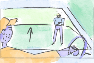 A stylized illustration depicting a person driving a car. The driver, wearing a cap, is focused on the road ahead, where another figure stands in front of the car with arms crossed. The scene is rendered with loose lines and a soft color palette, subtly highlighting themes of Autism awareness.