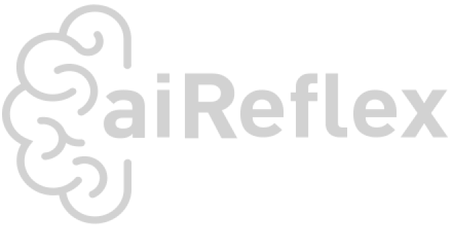 A logo featuring the word "aiReflex" in a clean, modern font. To the left of the text, there is an abstract depiction of a brain, illustrated with curved lines, symbolizing artificial intelligence and neural networks. The logo is rendered in a monochrome color scheme, perfect for motion design services branding.