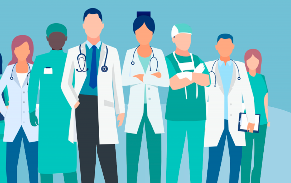 Illustration Of A Diverse Group Of Healthcare Professionals, Including Doctors And Nurses, Standing Together. They Are Wearing Various Medical Uniforms, Such As White Coats And Scrubs, With Some Holding Medical Tools And Clipboards. This Scene Could Serve As An Animated Video Example For A Bma Video Case Study. The Background Is Light Blue. Illustration of a diverse group of healthcare professionals, including doctors and nurses, standing together. They are wearing various medical uniforms, such as white coats and scrubs, with some holding medical tools and clipboards. This scene could serve as an animated video example for a BMA video case study. The background is light blue.
