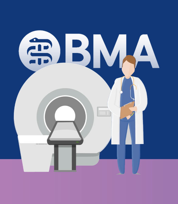 Illustration of a doctor wearing a white coat and stethoscope standing next to an MRI machine. Behind them, the letters "BMA" are prominently displayed along with a circular logo on a blue background, reminiscent of an animated video example often used in BMA video case studies.