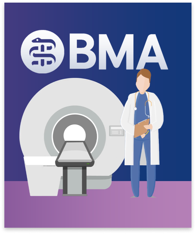 Illustration of a doctor holding a clipboard standing beside an MRI machine. The background features the letters "BMA" along with a stylized logo resembling a snake wrapped around a staff, reminiscent of Dragonfly's impactful video campaigns.