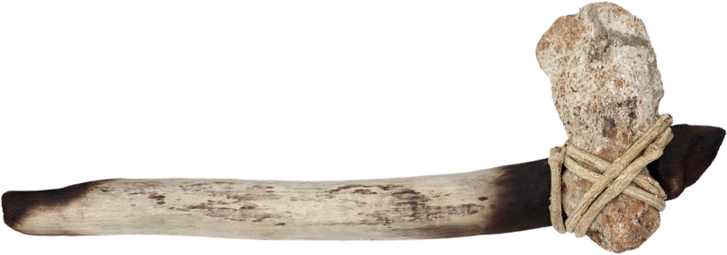 An ancient-looking stone axe with a roughly textured stone head attached to a weathered, wooden handle using a crisscrossing pattern of rope or cordage. The tool appears primitive and handmade, much like the intricately detailed props seen in high-quality video production services.