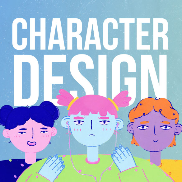 Illustration of three stylized characters below the large text "Character Design." The characters have distinctive hair colors and accessories: blue, pink with headphones, and orange. The background features a gradient blending blue, purple, and green hues. Inspired by Acorn Services.