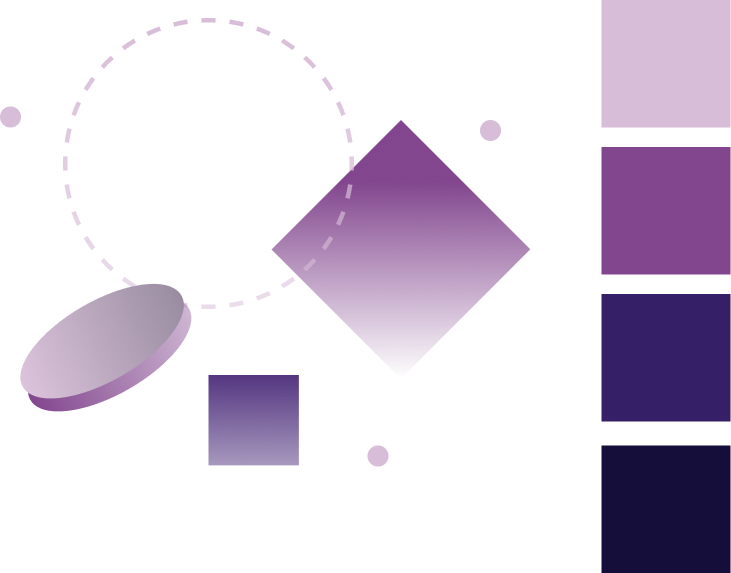 An abstract design featuring various purple shapes: a shaded oval, a large outlined circle, a tilted square, a small blue square, and dots. To the right are five color swatches ranging from light lavender to deep dark purple—perfect for incorporating into your next animated explainer video.