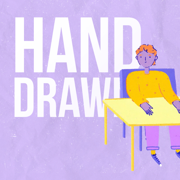 Illustration of a person with orange hair, wearing a yellow long-sleeve shirt and pink pants, sitting at a yellow table on a purple chair, against a purple background with the text "HAND DRAWN" in large white letters. The whimsical scene evokes the creativity supported by Acorn Autism services.