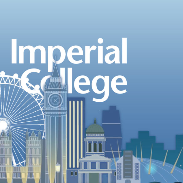 Illustration of iconic London landmarks such as the London Eye, Big Ben, and St. Paul's Cathedral with the text "Imperial College Video" at the top. The background is a gradient blue sky transitioning to darker blue at the bottom.