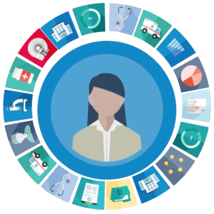 Illustration Of A Person Surrounded By A Circular Arrangement Of Healthcare-Related Icons, Including A Stethoscope, Medical Chart, Ambulance, Syringe, And Hospital Bed. This Design Emphasizes Various Aspects Of Healthcare, Indicating A Focus On Medical Services Or Health Management—Ideal For Imperial College Video. Illustration of a person surrounded by a circular arrangement of healthcare-related icons, including a stethoscope, medical chart, ambulance, syringe, and hospital bed. This design emphasizes various aspects of healthcare, indicating a focus on medical services or health management—ideal for Imperial College Video.