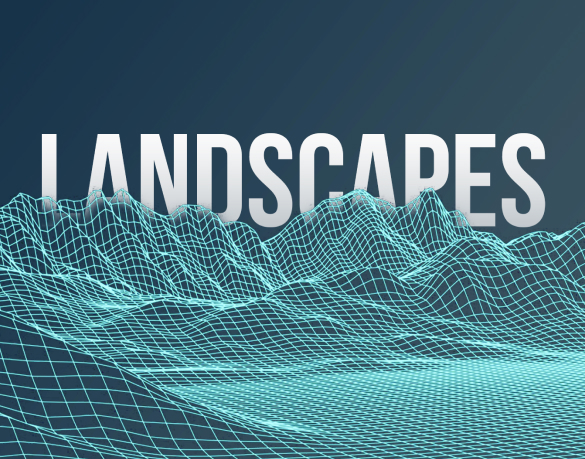 A 3D wireframe landscape in turquoise against a dark gradient background. The word "LANDSCAPES" appears in large, bold, white letters at the top, partially obscured by the peaks of the wireframe. This digital terrain effect is perfect for captivating visuals in video production services.