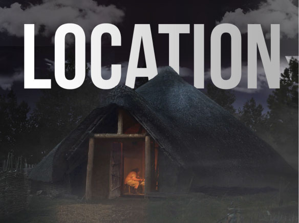 A person sits in the doorway of a dark, thatched-roof hut at night, illuminated by interior light. The word "LOCATION" is prominently displayed in large, white capital letters across the top of the image. Trees and a cloudy sky are visible in the background, capturing a scene perfect for video production services.