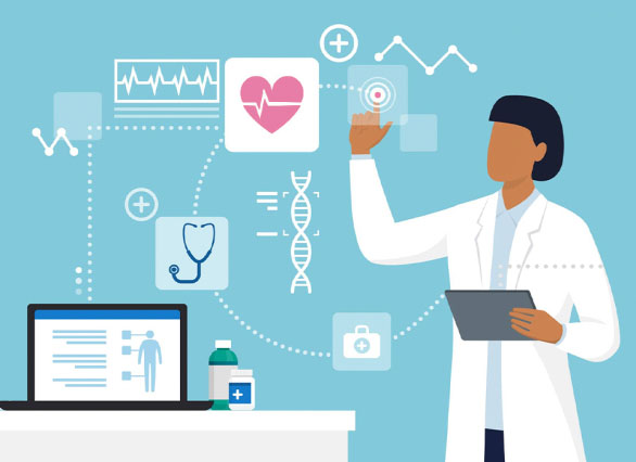 Illustration Of A Healthcare Professional In A White Coat, Holding A Tablet And Interacting With Digital Icons Representing Medical Data. A Laptop, Prescription Bottle, And Medical Icons Are Arranged Around The Scene, Symbolizing Modern, Technology-Integrated Healthcare In This Animated Video Example. Illustration of a healthcare professional in a white coat, holding a tablet and interacting with digital icons representing medical data. A laptop, prescription bottle, and medical icons are arranged around the scene, symbolizing modern, technology-integrated healthcare in this animated video example.