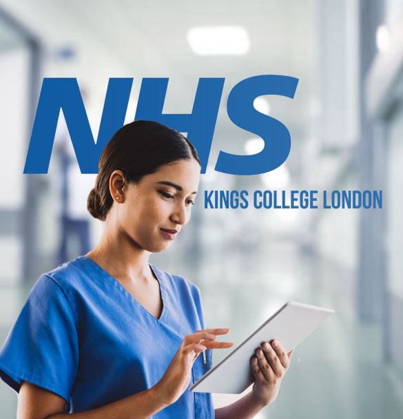 A healthcare professional wearing blue scrubs stands in a modern, well-lit hospital hallway, focusing on a tablet. The image is overlaid with the NHS logo and the text "Kings College London: NHS Promotional Video.