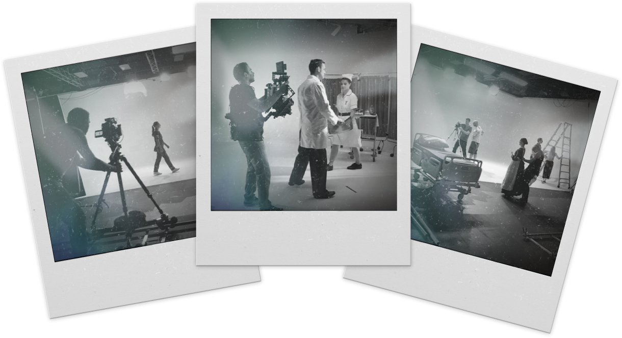 Three vintage-style photos depict behind-the-scenes moments on film sets. The central photo shows a crew filming a conversation between two doctors, reminiscent of an NHS promotional video. The left photo captures a cameraman filming an actor, while the right image includes a classic car with the film crew and actors nearby.