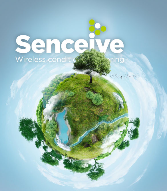 A spherical landscape floating in the sky features lush greenery, trees, a river, and a pond under a blue sky with clouds. Above, the text reads "Senceive Wireless condition monitoring" with a logo of green circles forming an abstract shape—a stunning scene worthy of expert video production services.