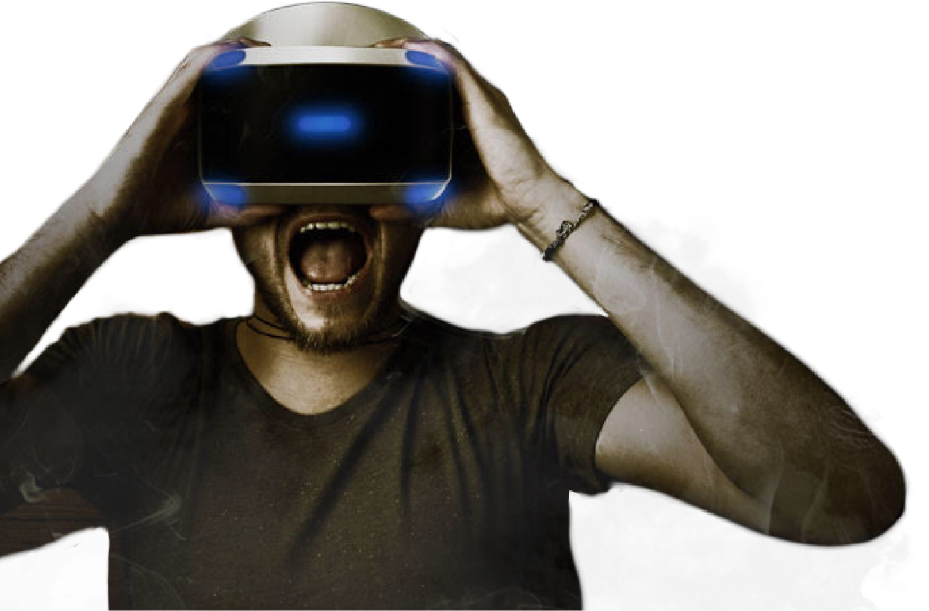 A person wearing a virtual reality headset with a black shirt is yelling with their mouth wide open. Smoke or mist surrounds them, and the headset has blue glowing lights. This scene could serve as an example promotional video for an intense Resident Evil case study, capturing immersive horror.