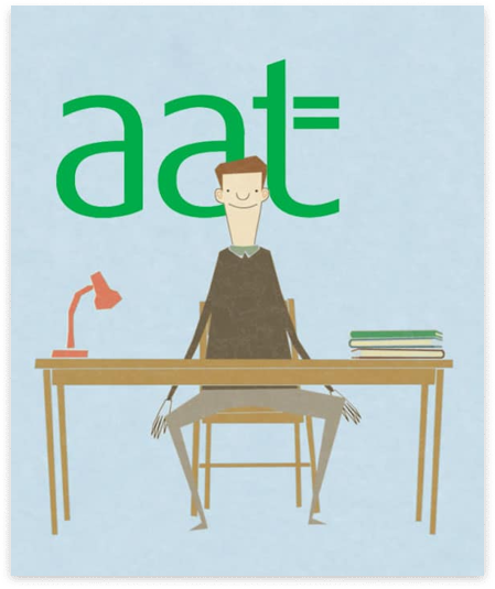 Cartoon illustration of a person sitting at a desk with a red lamp and stacked books. Behind them is the green logo of the Association of Accounting Technicians (AAT), highlighting an environment where client testimonials play a crucial role in professional growth.