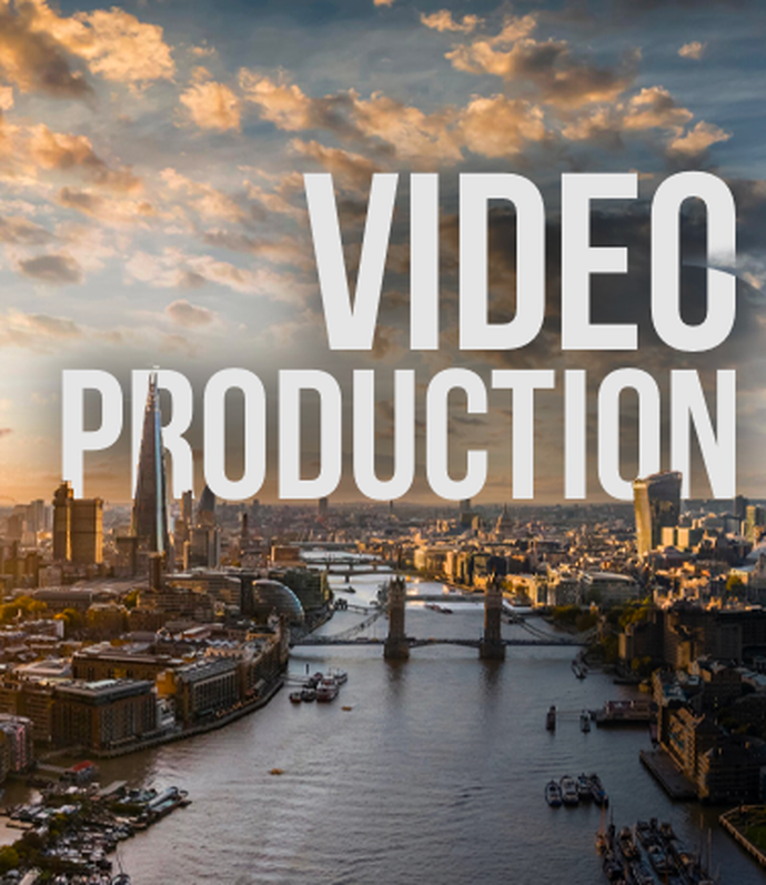 An aerial view of a city with a river running through it. Prominent skyscrapers, including The Shard, are visible under a dramatic sky with scattered clouds. The words "VIDEO PRODUCTION" and "VIDEO PORTFOLIO" are overlaid in large, bold letters.