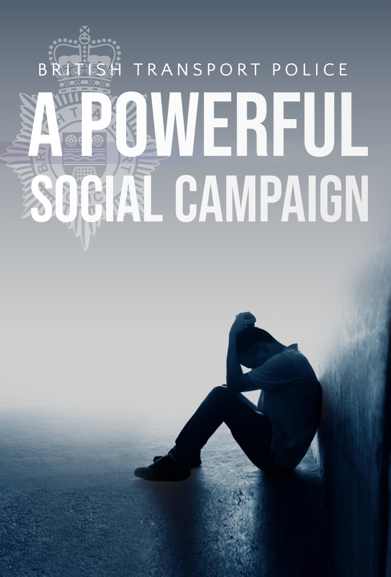 A person is sitting alone against a wall, head down in distress. The background shows a misty environment. The text reads, "British Transport Police - A Powerful Social Campaign." This impactful image, supported by video production services, conveys a message of support and awareness for mental health and social issues.