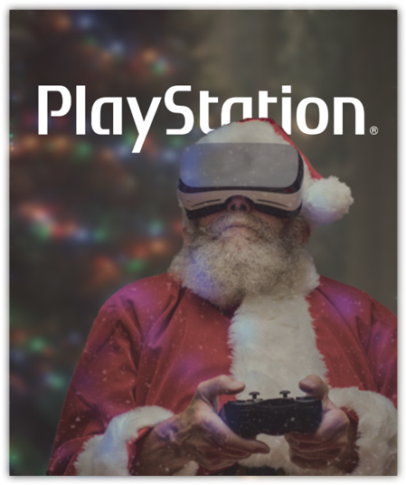 A person dressed as Santa Claus, with a long white beard and red suit, is using a virtual reality headset and holding a PlayStation controller. The background features colorful, blurred holiday lights, the PlayStation logo prominently displayed at the top, and a "Meet the Team" sign subtly in view.