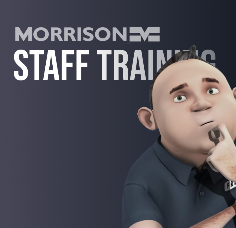 A cartoon figure with a puzzled expression in a dark shirt, holding a wrench to his face, stands in front of the text "Morrison Staff Training" on a dark background, highlighting the company's comprehensive video production services.