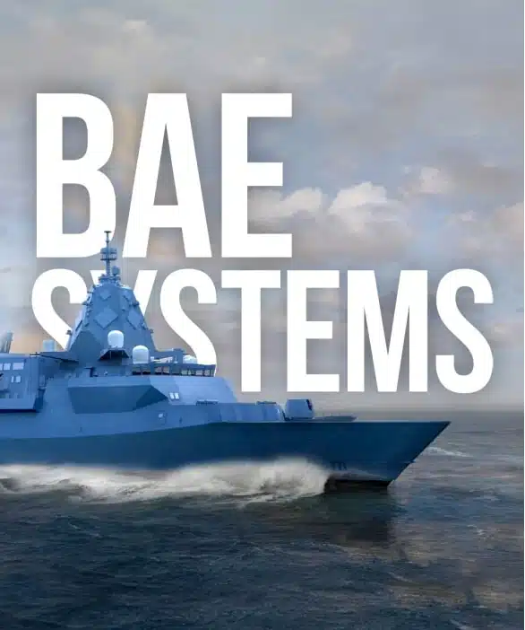 A Type 26 warship sails at sea with "BAE SYSTEMS" text overlaid in large, bold white letters occupying the upper half of the image. The background is a cloudy sky, and the ship is positioned to the left, moving forward.