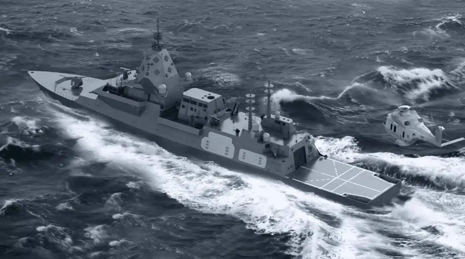 Black And White Image Of A Type 26 Naval Warship Navigating Through Rough Seas With Visible Whitecaps. A Helicopter Hovers Close To The Ship, Possibly Preparing For Takeoff Or Landing On The Rear Deck. The Scene Conveys A Sense Of Motion And Intensity, Highlighting The Vessel'S Advanced Capabilities Under A Defense Contract. Black and white image of a Type 26 naval warship navigating through rough seas with visible whitecaps. A helicopter hovers close to the ship, possibly preparing for takeoff or landing on the rear deck. The scene conveys a sense of motion and intensity, highlighting the vessel's advanced capabilities under a defense contract.