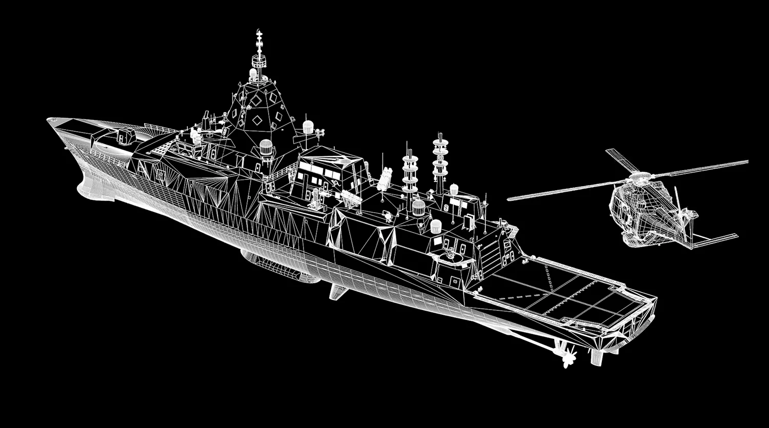 A Digital Wireframe Rendering Shows A Bae Systems Type 26 Naval Warship With Detailed Structures And A Helicopter Hovering Nearby. Both The Ship And The Helicopter Are Depicted In A Transparent, Grid-Like Design Against A Solid Black Background. A digital wireframe rendering shows a BAE Systems Type 26 naval warship with detailed structures and a helicopter hovering nearby. Both the ship and the helicopter are depicted in a transparent, grid-like design against a solid black background.