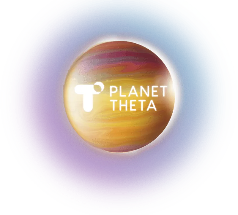A logo featuring a stylized planet with a gradient of warm colors (yellow, orange, and red), outlined in white against a purple and blue gradient background. "PLANET THETA" is written in white over the planet, next to a simplified planet icon, perfect for dynamic video advertising campaigns.