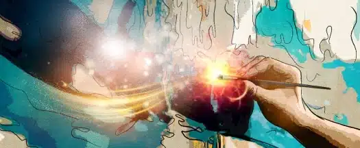 A colorful and abstract depiction of a hand painting with a brush, creating swirls of light and vibrant hues on a dynamic canvas, much like the creativity showcased in our promotional video. The scene evokes energy with splashes of blue, yellow, and orange.