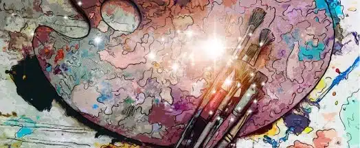 A colorful artist's palette with various paint colors smeared across it, accompanied by a set of paintbrushes, all emitting a glowing, magical light effect. This vibrant, artistic scene is perfect for showcasing in a promotional video or case study. The background features abstract splashes of paint in different hues.